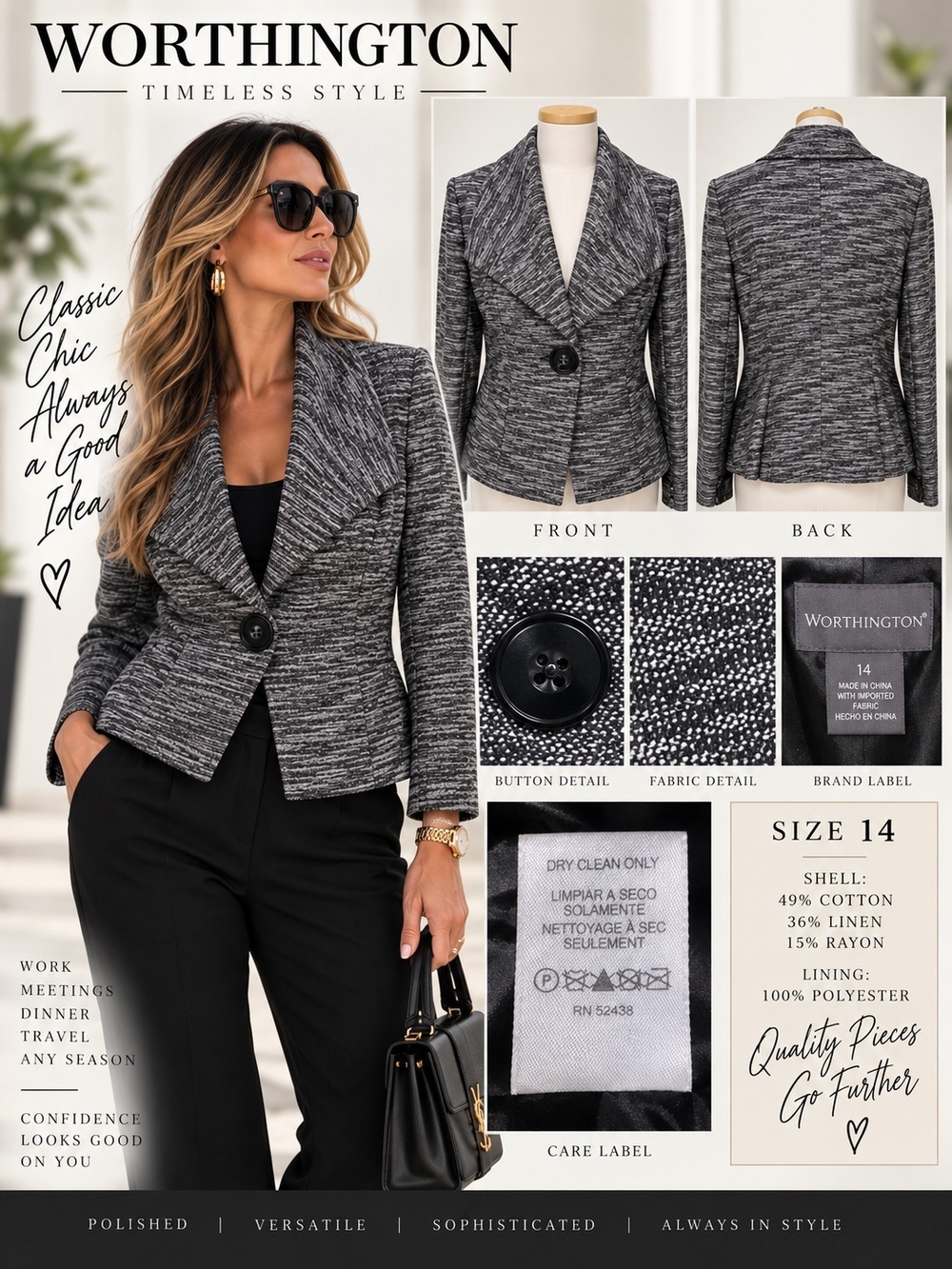 Worthington Gray Black Linen Cotton Blend Shawl Collar Blazer Size 14